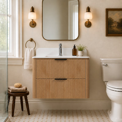 30" Modern Reeded Textured Single Bathroom Vanity, Natural Wood Finish, with Matte White Solid Surface Integrated Sink