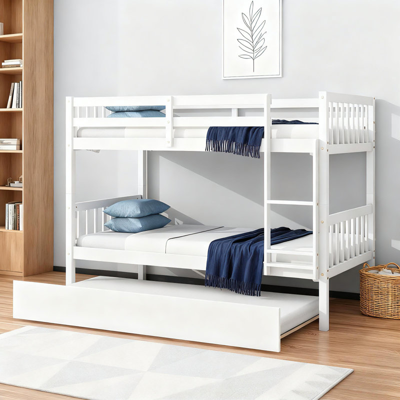 Twin Over Twin Rubber Wood Bunk Bed With Trundle, Convertible Into 2 Beds, Bunk Bed With Ladder And Safety Guardrails For Kids, Teens