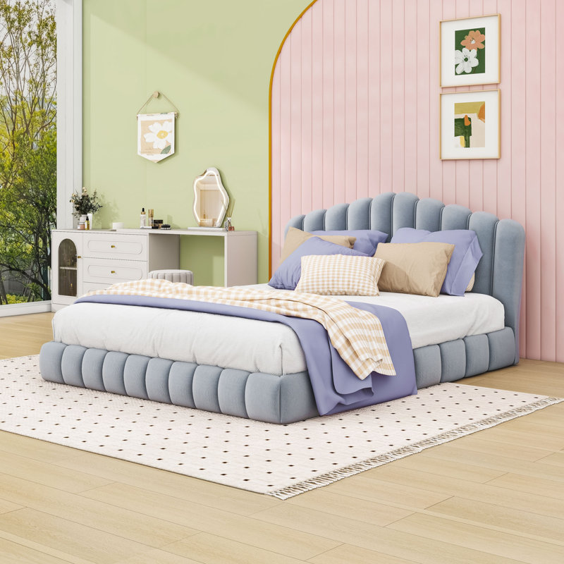 Queen Upholstered Platform Bed with Headboard, Light Blue