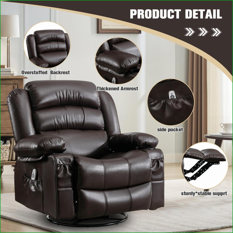 Fauteuils inclinables, fauteuil inclinable à bascule pivotant avec chaleur de massage, USB, 2 porte-gobelets, poche latérale | Polyuréthane | Noyer brun
