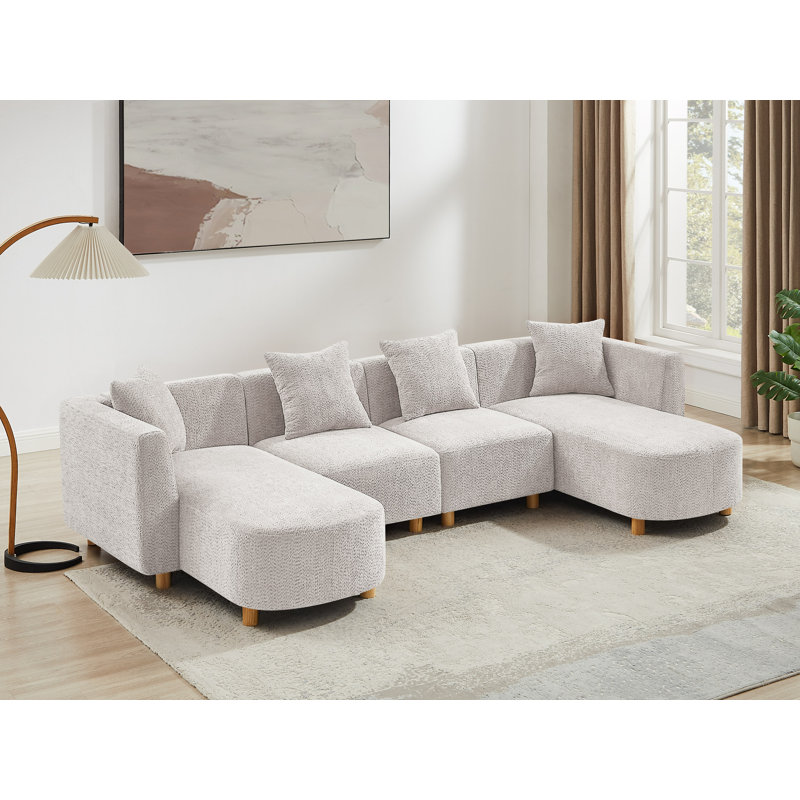 Modern Upholstered Sectional Sofa, Beige Polyester