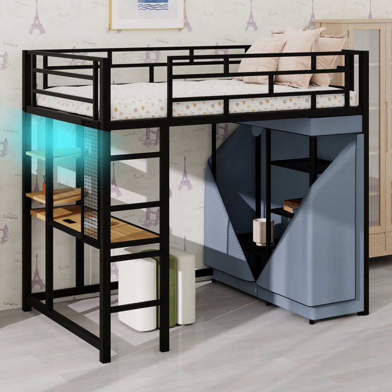 Structure de lit mezzanine en métal avec prise de courant intégrée, barrière de sécurité, éclairage à DEL et garde-robe intégrée