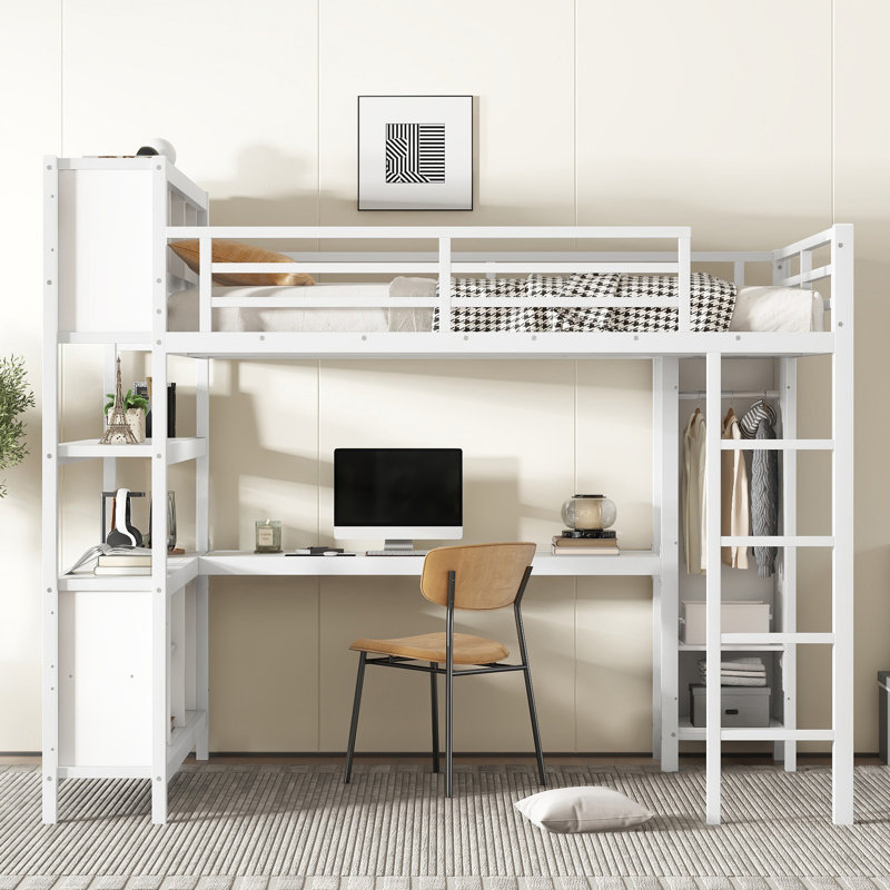 Metal Queen Size Loft Bed with Wardrobe And L-shaped Desk, Off White