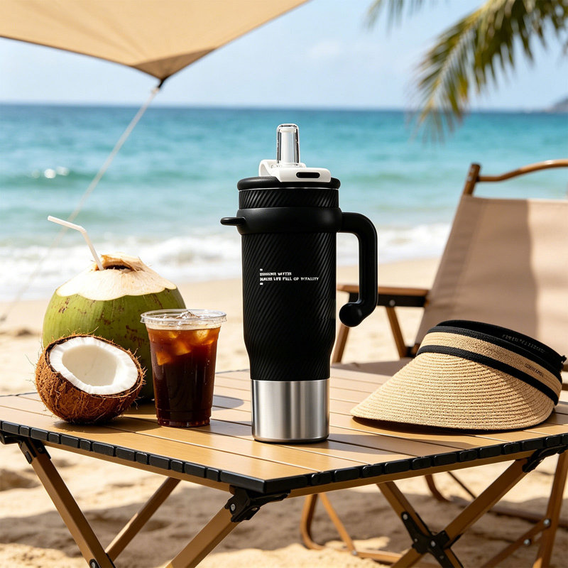 Gobelet isotherme 40 oz avec poignée Iceberg Cup en acier inoxydable grande capacité, Noir, noir, noir, noir