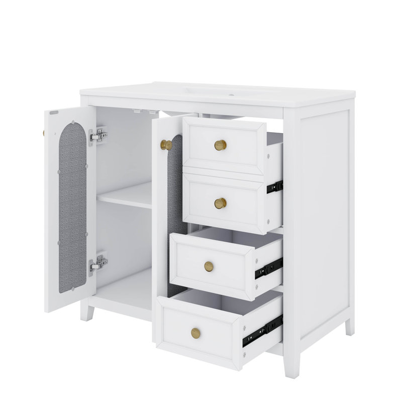 Meuble-lavabo de 36 pouces avec deux portes à fermeture douce, des tablettes réglables et trois tiroirs, Blanc