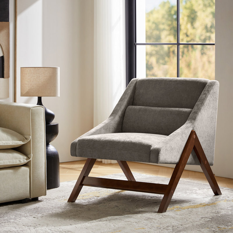 Venancio 28"W Mid-Century Modern Upholstered Arm Chair With Solid Wood Legs And Lumbar Pillow, Tan Polyester
