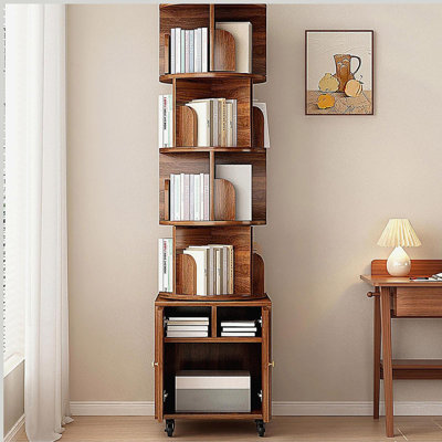 360 Degree Rotating Display 5 Tier Corner Bookshelf, Floor Standing Bookcase Storage Rack, Wood Narrow Book Shelf Organizer