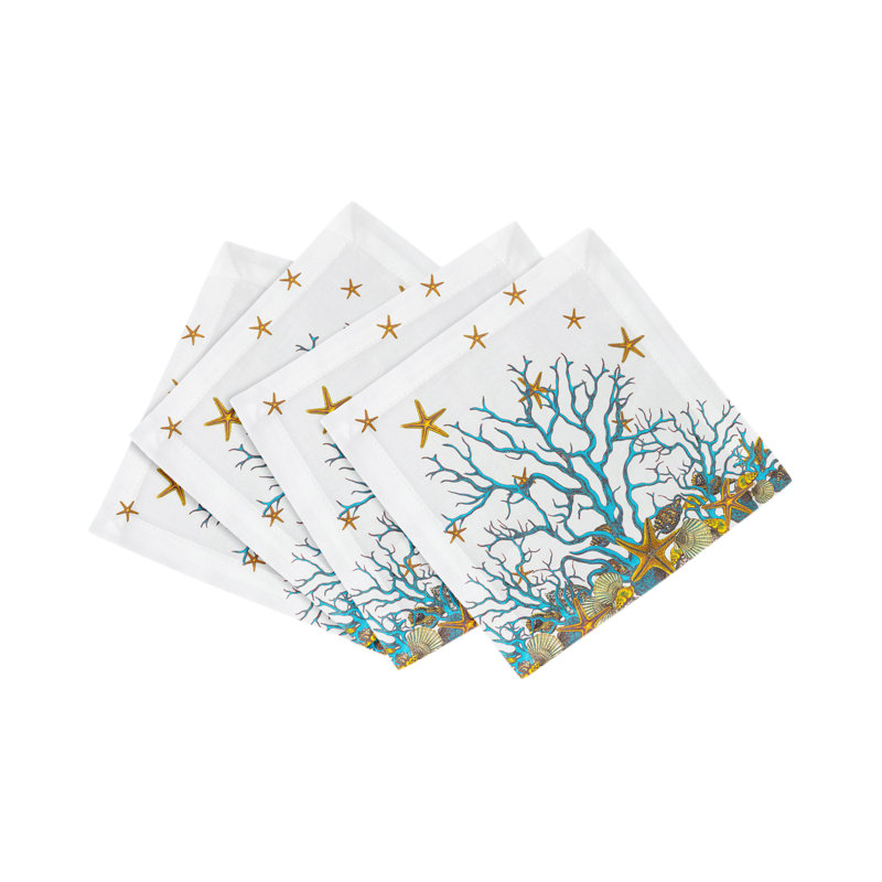 Serviettes de table en satin de coton Coral Reef, Blanc, turquoise