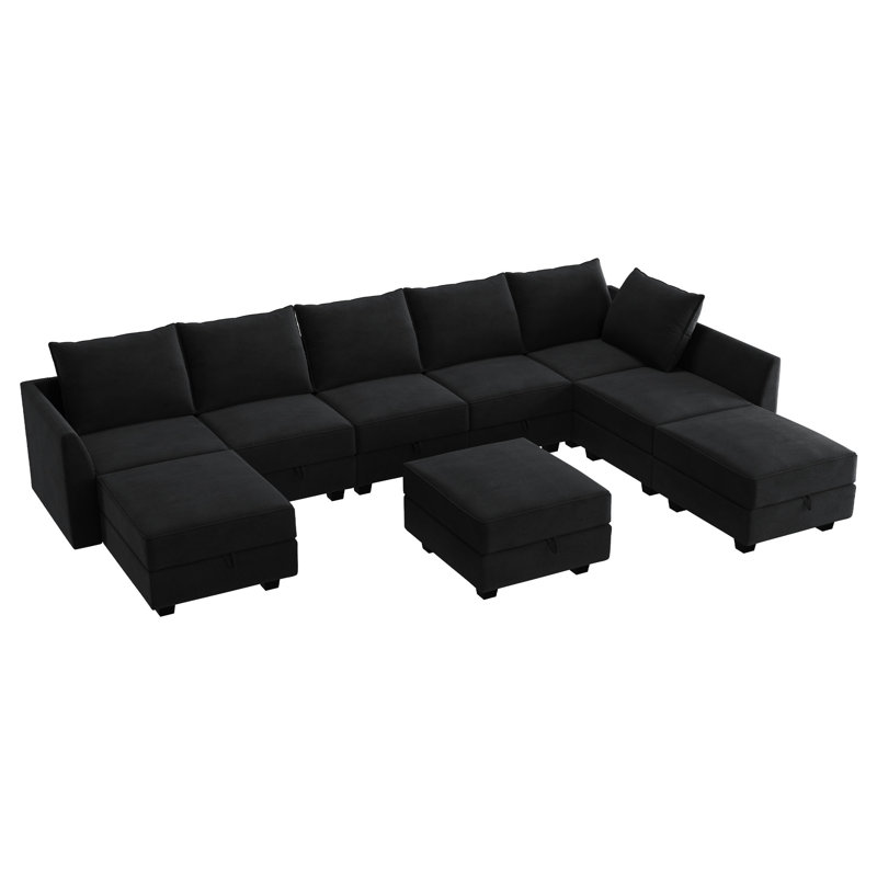 Canapé modulaire en U avec méridienne Tremee, Velours noir