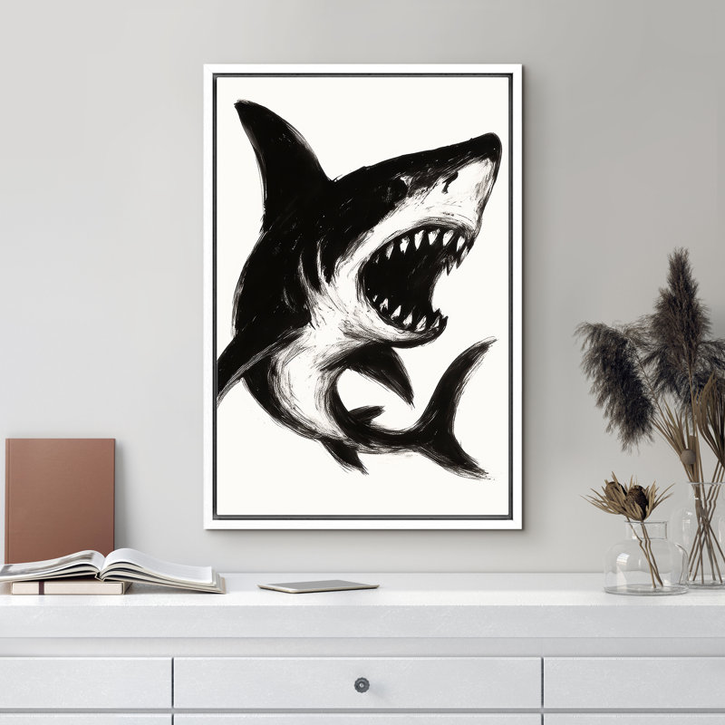 Black and White Shark Art - Pictures Framed Canvas Print Wall Art, 36" H x 24" W x 1.5" D, White Frame