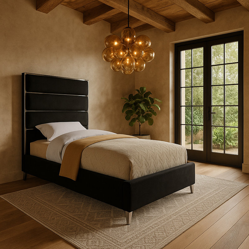 Dietz Upholstered Platform Bed, Black Velvet, Twin