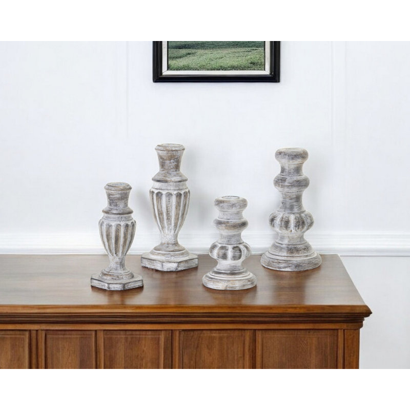 Set of Four White Washed Resin Tabletop Candle Sticks
