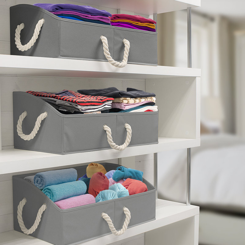 Gray Fabric Collapsible Under Bed Storage Box with Rope Handles