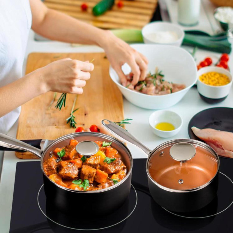 Ensemble de casseroles à sauce, ensemble de casseroles antiadhésives de 3, casseroles en céramique avec couvercle, ensemble de casseroles de 1 pte et 2 pintes et 3 pintes, casserole en cuivre avec couvercle