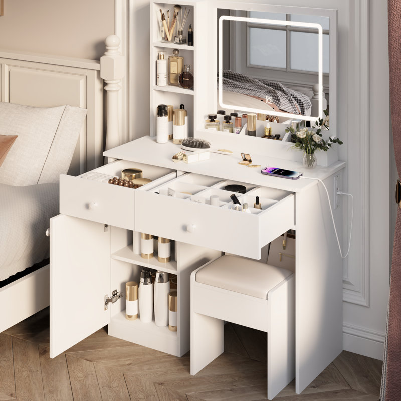 Coiffeuse élégante avec miroir et 3 lumières de couleur - 2 tiroirs, bureau blanc à la mode, rangement spacieux