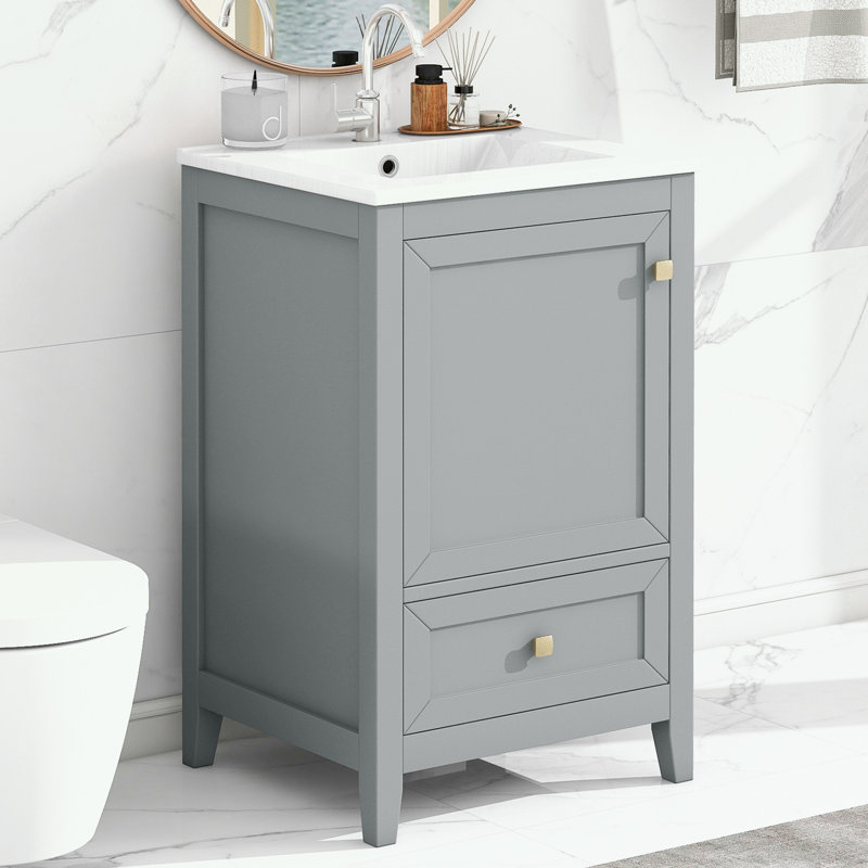 Meuble-lavabo de salle de bain avec lavabo, porte à fermeture douce, support de rangement et tiroir, Gris