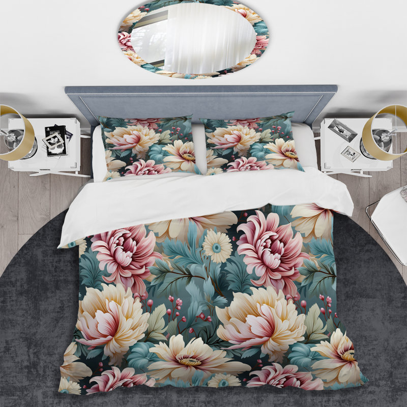 Ensemble de housse de couette floral bleu et rose pastel pivoines II, Housse de couette simple + 1 taie décorative stan