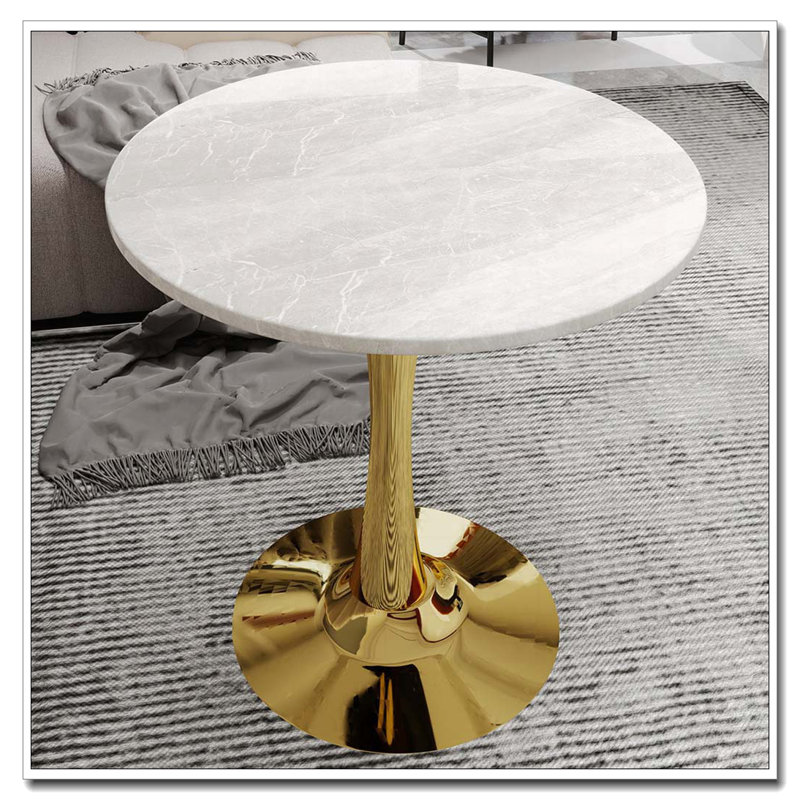 Table de salle à manger ronde en bois avec base piédestal, table basse, Marbre blanc, Doré