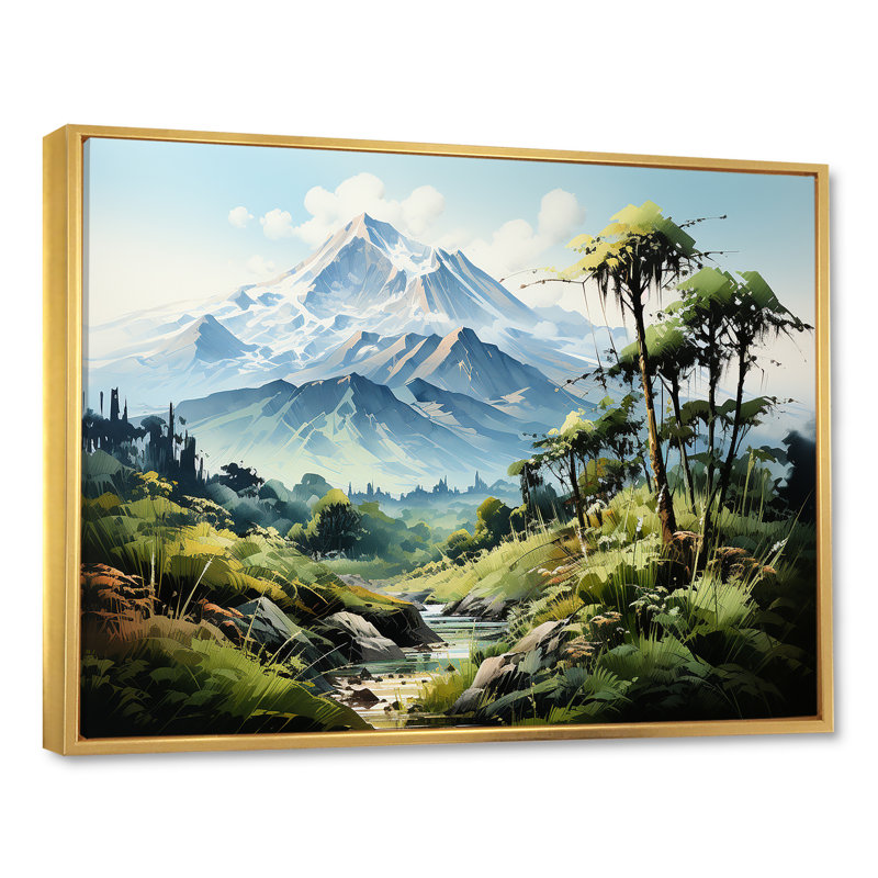 Jungle Volcano Paradise I - Imprimé, Cadre flottant doré, H 16 po x l 32 po x P 0,5 po