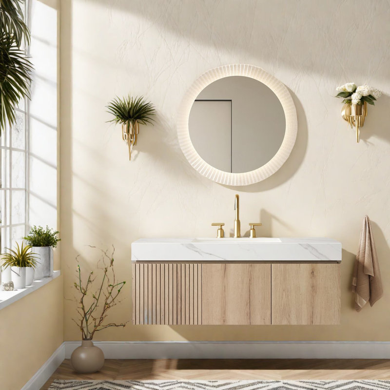 Meuble-lavabo moderne, lavabo et armoire 48 po, chêne blanc et pierre de Carrare