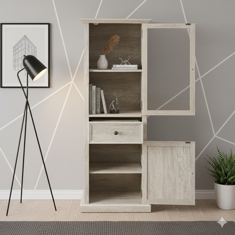 Grande armoire de rangement autoportante - porte vitrée, tablettes et tiroir intégrés, buffet polyvalent pour le salon, la cuisine, le bureau, blanc
