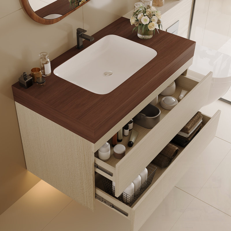 Meuble-lavabo flottant moderne avec plateau en faux marbre et lavabo encastré en céramique, fixation murale pour petites salles de bain et appartements