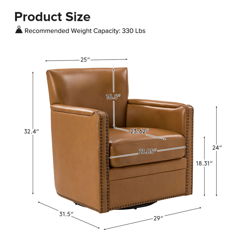 Fauteuil club pivotant en cuir véritable Arsim, Cuir véritable chameau