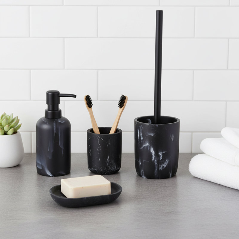 4-Piece Marble Bathroom Accessory Set, Black