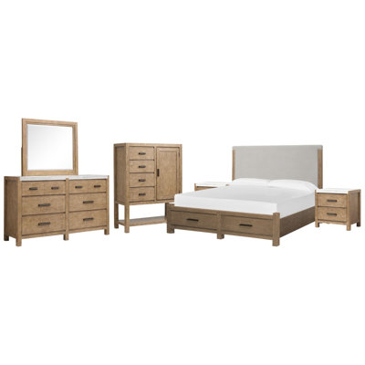 Wilmot Queen Upholstered Panel Storage Bed 2 Nightstands Drawer Dresser With Landscape Mirror And Door Chest