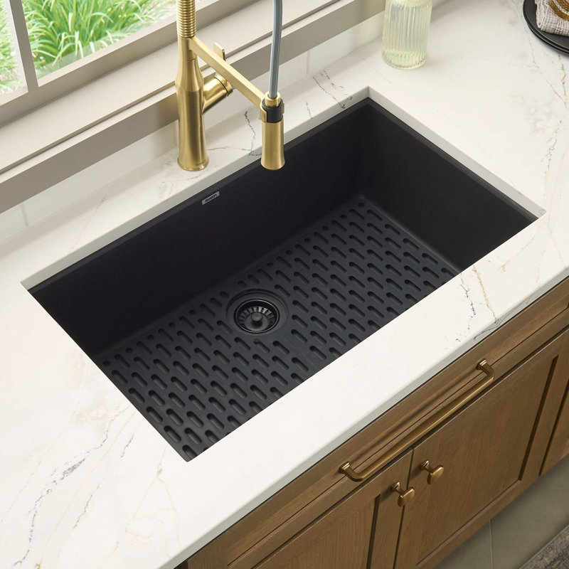 Ruvati 30 x 18 inch Granite Composite Quartz Undermount Single Bowl Kitchen Sink - Midnight Black -, Midnight Black, 2