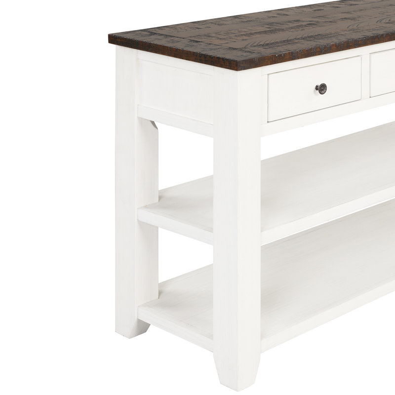 Table console de style vintage américain avec plateau en pin massif de 122 cm (48 po), 3 tiroirs de rangement latéraux, 2 étagères et agencement multifonctionnel. Montage facile. Parfait pour une chambre, un salon ou un couloir.
