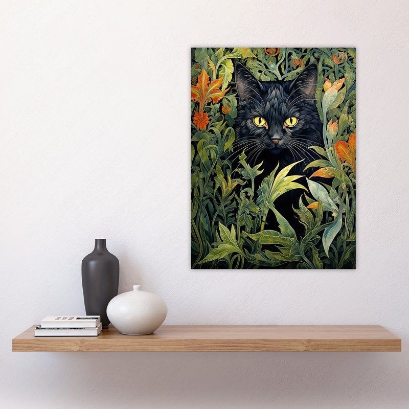Wall Art Print Cat Hiding In Flower Field Modern William Morris Style Painting Green Spring Bloom Animal Portrait Poster