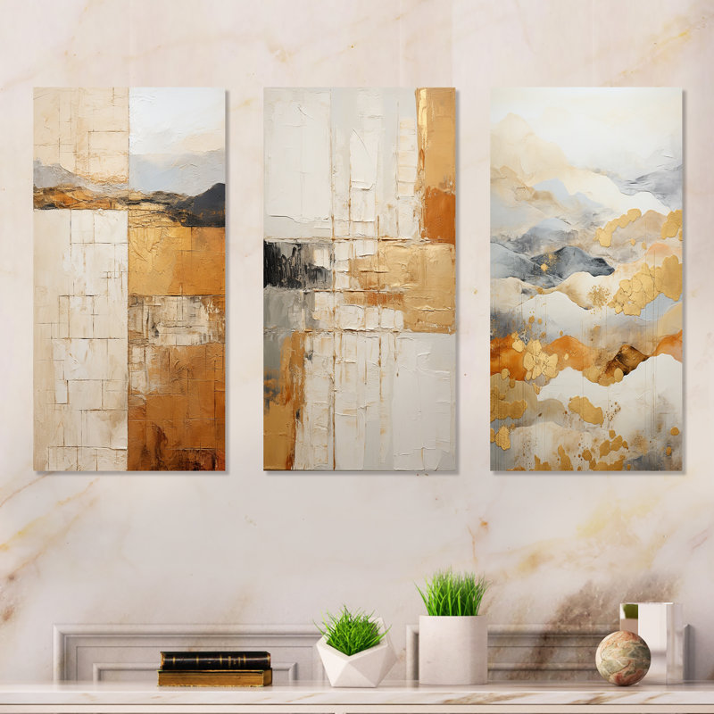 Ensemble de 3 décorations murales en métal beige et doré Minimal Expression, H 28 po x l 36 po