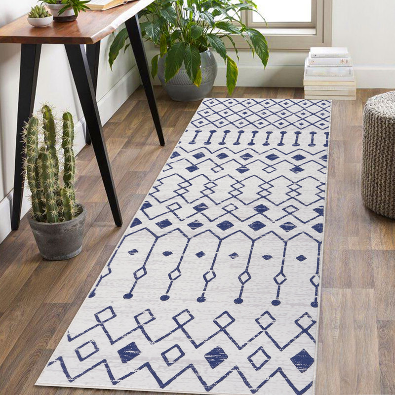 Washable Boho Farmhouse Area Rug Soft Non Slip Throw Carpet Mat, Blue, Tapis de couloir 2 pi x 6 pi