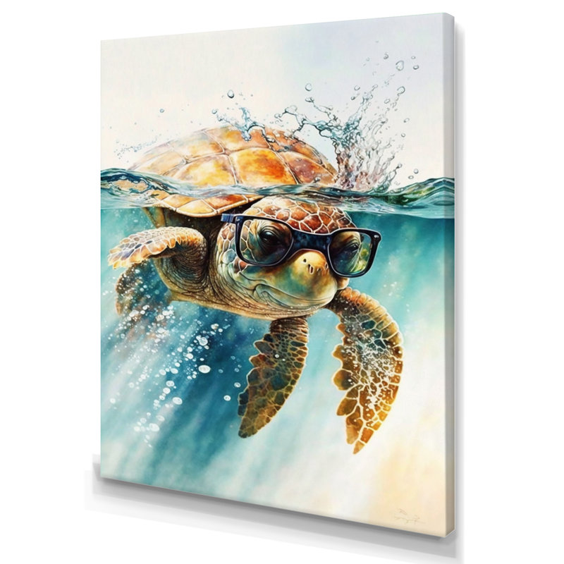 Turtle with Glasses in the Ocean III - Print on Canvas, 20" H x 12" W, Wrapped Canvas