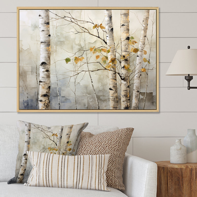 «Beige Silver Birch Tree Beauty I» sur toile, Cadre flottant blanc, H 34 po x l 44 po x P 1,5 po