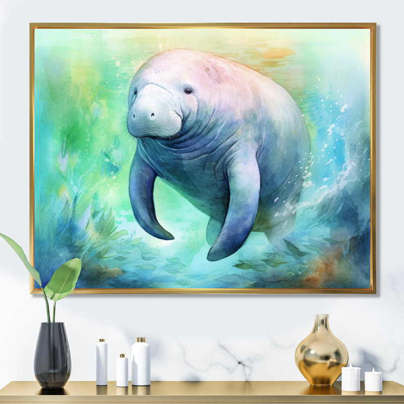 Gentle Manatee I - Art mural lamantin, Cadre flottant doré, H 24 po x l 32 po x P 1 po