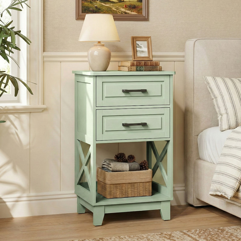 30" Tall Nightstand Modern Painted Wood Bedside Table With 2 Drawers And Open Shelf, Green