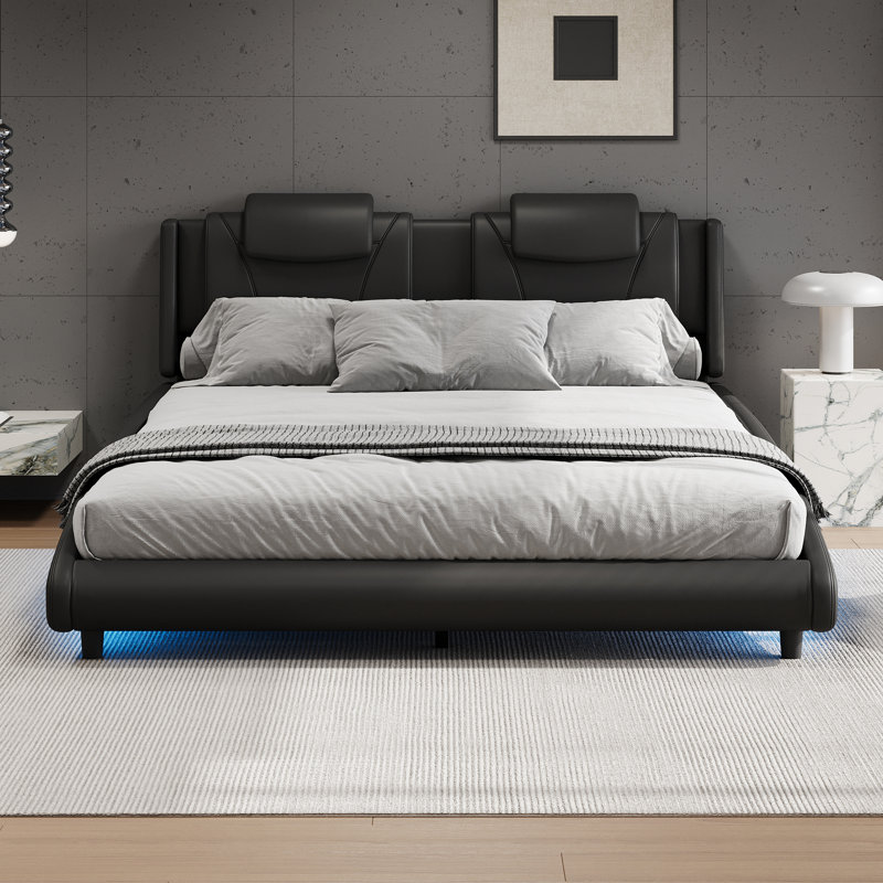 Modern Style Faux Leather Upholstered Platform Bed Frame with LED Light, Black, Full