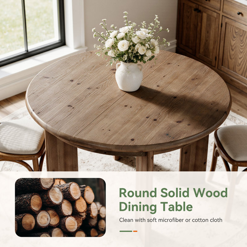 47.24" Round Solid Wood Kitchen Dining Table with Distinctive Thick 4 Pillar Legs