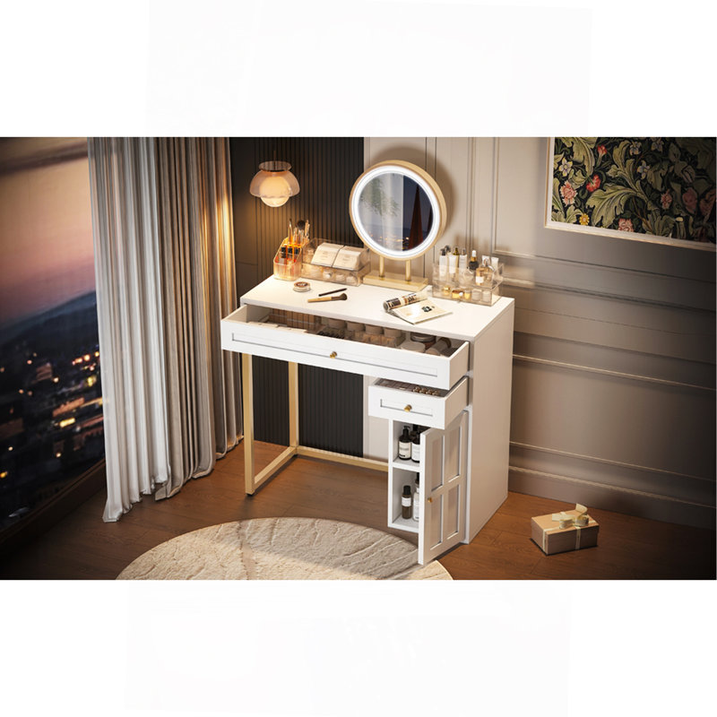 Meuble-lavabo polyvalent avec miroir réglable et beaucoup de rangement, parfait pour la chambre à coucher ou le vestiaire.