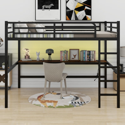 Lit mezzanine en métal avec prise de courant et éclairage DEL