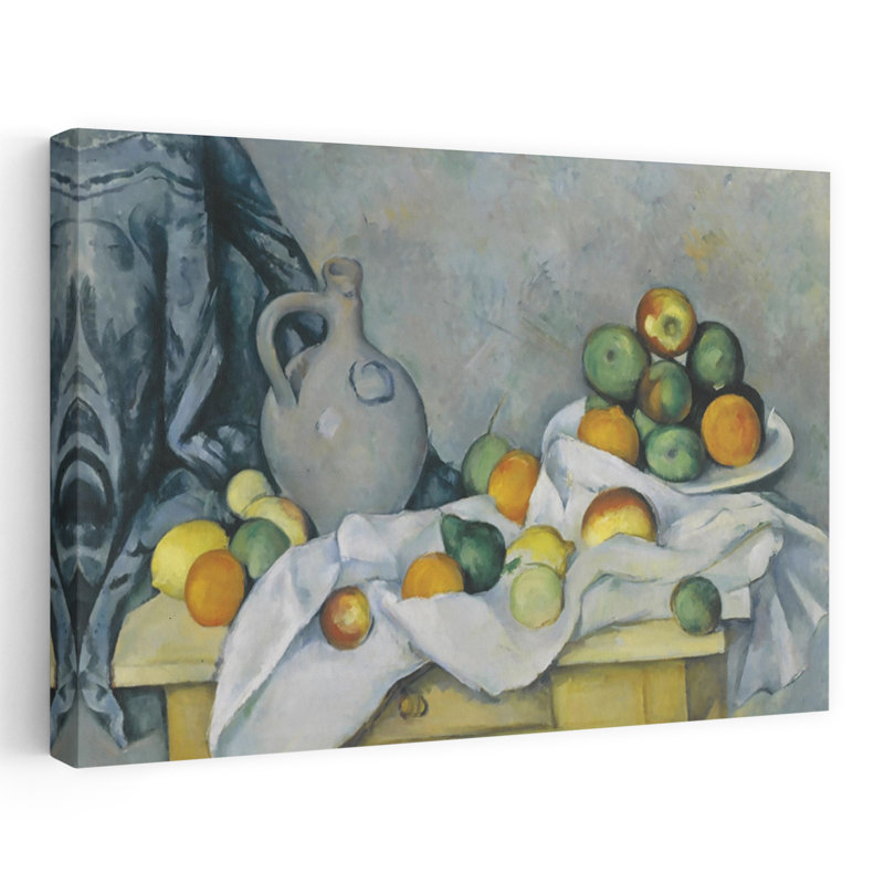 Rideau, cruche et bol de fruits, C., 24" H x 36" W