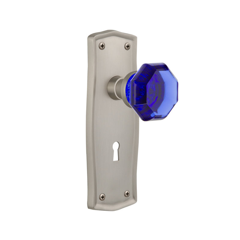 Plaque Prairie avec trou de serrure décoratif et bouton de porte Waldorf Cobalt, 2 3/8 po, Nickel satiné