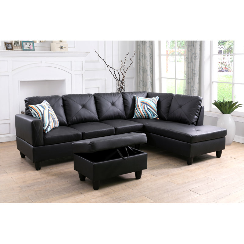 Torquay 97" Wide Faux Leather Left Hand Facing Sofa & Chaise with Ottoman, Black Faux Leather, Right Hand Facing