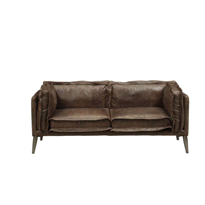 Distressed Chocolate Leather Loveseat with Down Fill Cushions