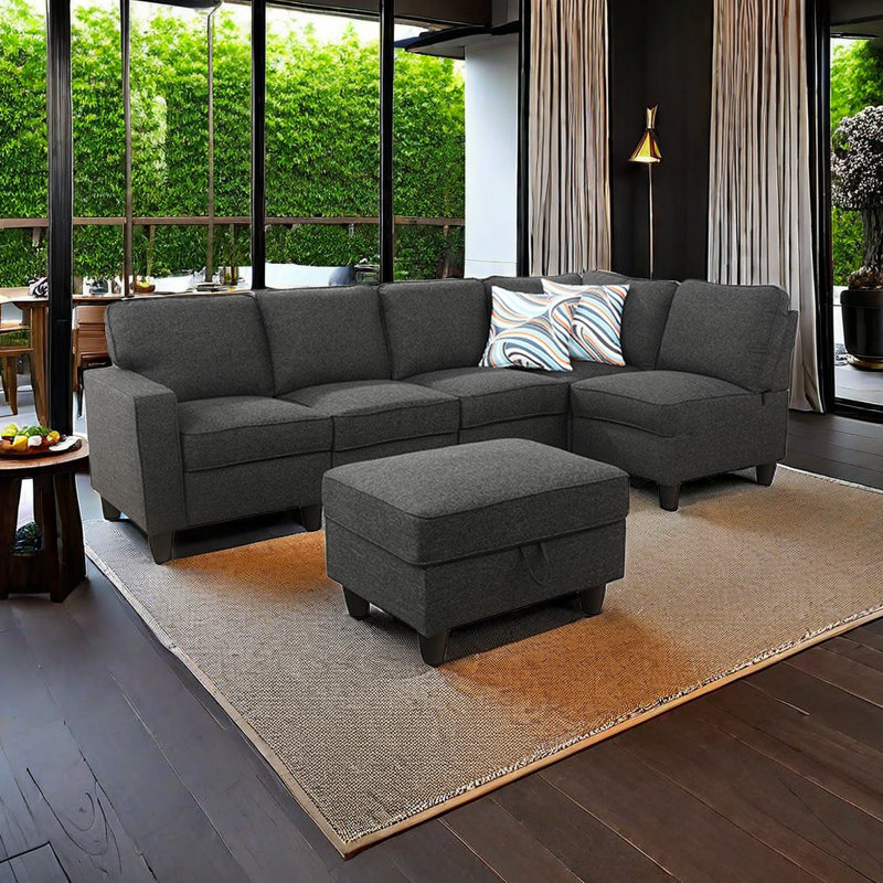 Khadijia Upholstered L-Shaped Sectional, Blue  Linen