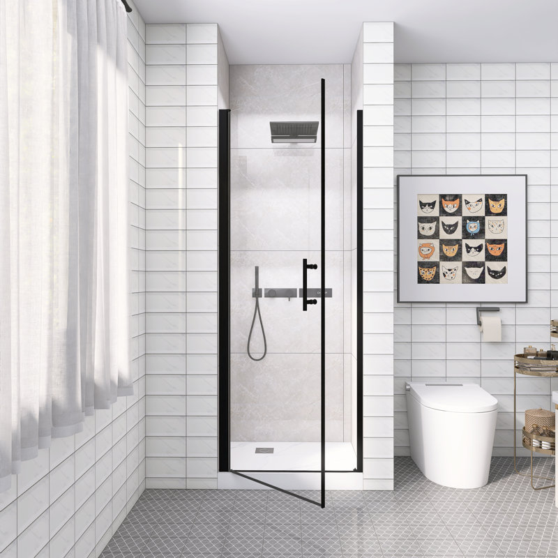 Porte de douche pivotante noire matte demi-cadre, 28 x 72 pouces, verre trempé de 6 mm avec film antidéflagrant