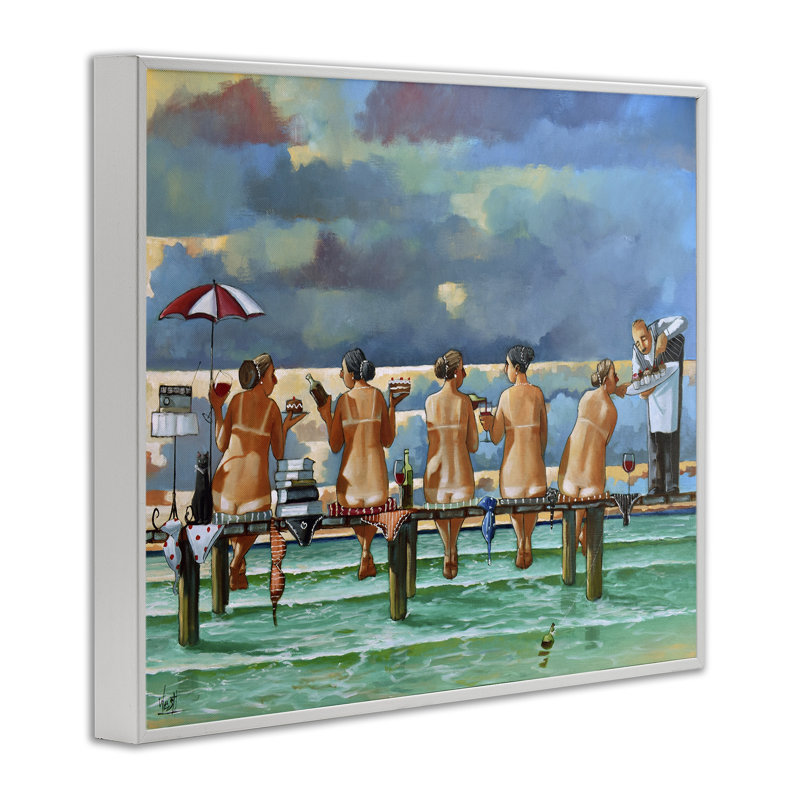 «Beach Dock Women Summer Fun», estampe numérique par Ronald West, Estampe numérique encadrée blanc bord de mer