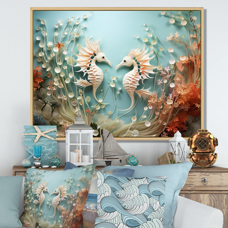 Aquarelle, dessin de danse des dragons de mer - plage et océan, art mural dans le salon, Cadre naturel flottant